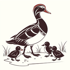 Stylized silhouette of a crowned duck and duckling walking together, black vector illustration on white background ai generator
