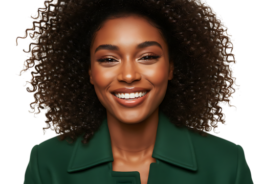 Portrait of beautiful smiling african american woman with curly hair and green jacket on black background on transparent background