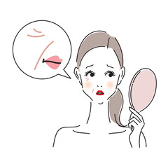 手鏡でほうれい線やシワをチェックしている悩める女性