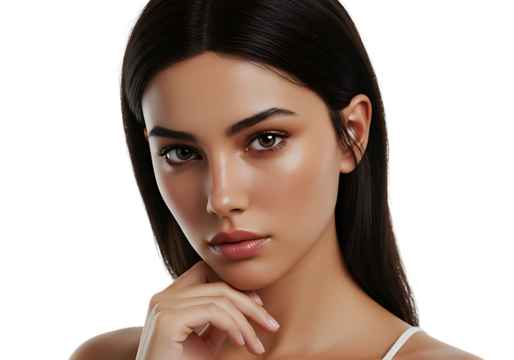 Beautiful woman face portrait with natural makeup skincare beauty model female with dark hair and eyes on transparent background