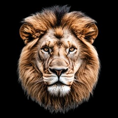 Naklejka premium Majestic lion head closeup with detailed fur texture, showcasing its powerful presence and captivating gaze. This stunning image evokes sense of awe and admiration for wildlife