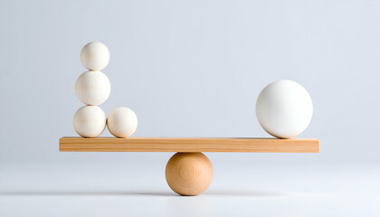 Minimalist Wooden Balance Scale with Stacked Spheres Equilibrium Concept