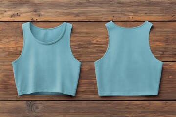 A stylish light blue crop top mockup from the front and back on a rustic wooden background.