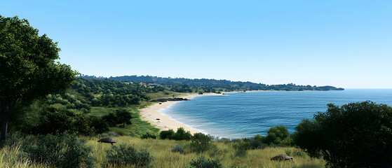 Coastal View Of Tranquil Beach On Sunny Day