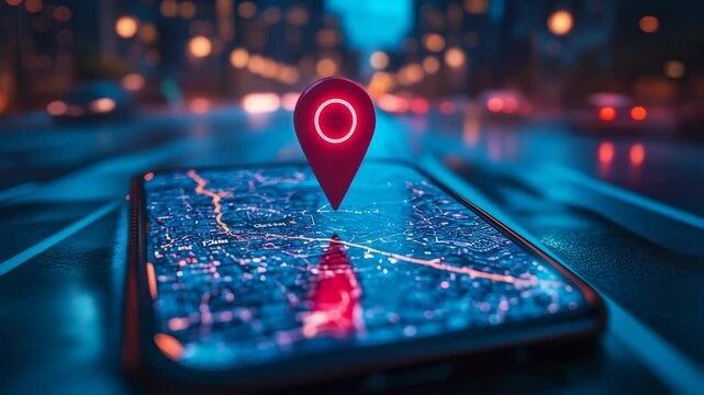 Modern mobile phone with location pin on city map, digital navigation concept