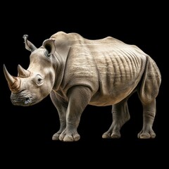 Obraz premium Powerful rhinoceros stands majestically in side view, showcasing its thick skin and impressive horn. This magnificent creature embodies strength and resilience in its natural form