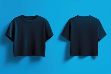 A stylish black cropped t-shirt mockup from the front and back against a vibrant blue background. The shirt features a modern, minimalist design, ideal for fashion promotions.