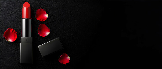 Red Lipstick On Black Background With Rose Petals