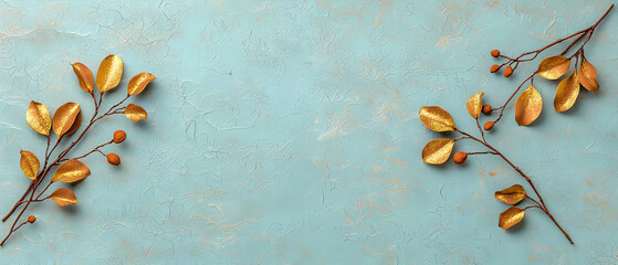 Gold Foliage Arrangement On Light Blue Background