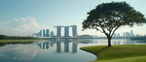 Singapore Skyline Reflecting On Calm Water With Lush Green Park