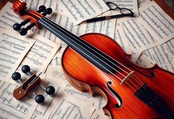 Fototapeta premium Classic violin rests on a desk amidst scattered sheet music, concert, composition