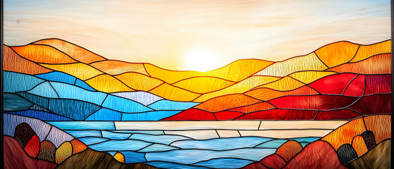 Colorful Stained Glass Mountain Sunset Landscape