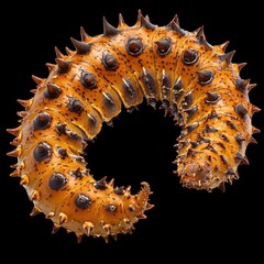 Sea cucumber with leathery body, featuring unique spiral shape and spiky texture, is displayed against black background, showcasing its vibrant orange color and intricate details