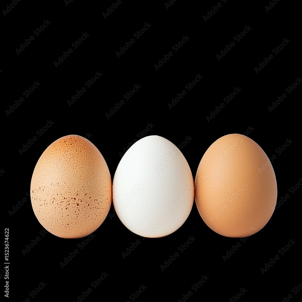 Aufkleber set of three eggs in row, featuring brown speckled shell, smooth white shell, and solid brown shell,