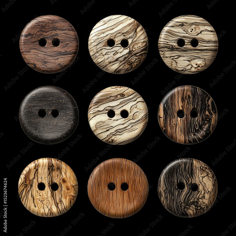 Poster rustic wooden buttons in various natural colors showcase unique grain patterns and textures, perfect