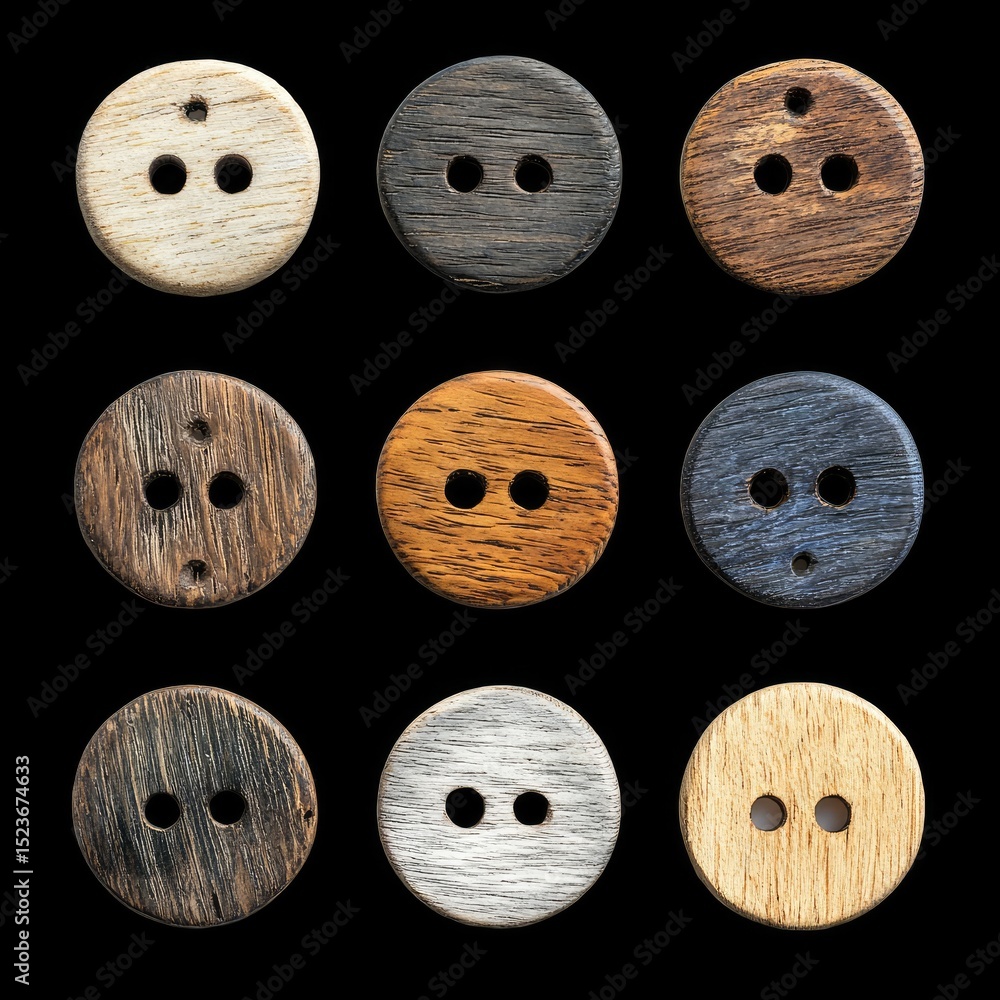 Poster rustic wooden buttons in various natural colors arranged in grid pattern, showcasing their unique te