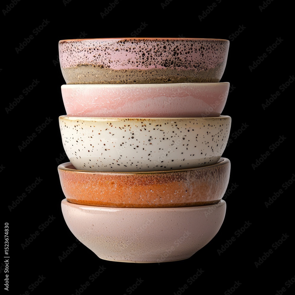Poster Stack of ceramic bowls with subtle patterns in various colors, showcasing blend of textures and finishes. These bowls add touch of elegance to any table setting