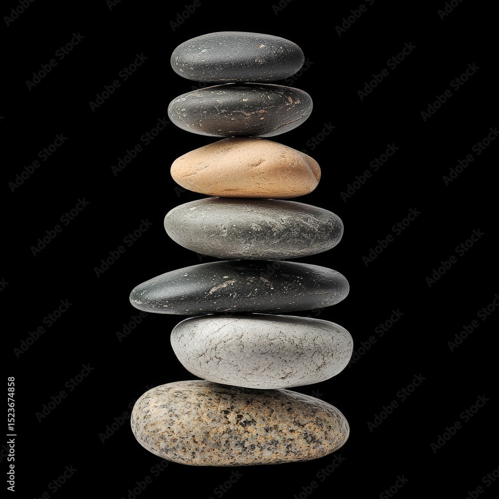 Poster stack of balanced river stones with shadows isolated on black background, creating serene and calmin