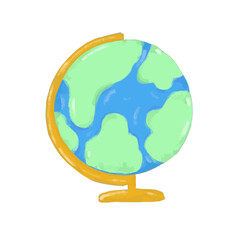 Cute hand drawn green blue orange earth globe doodle kids illustration watercolor crayon universe space drawing. Back to school element vector clipart sticker