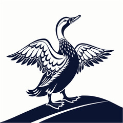 Silhouette of a duck standing on grass near reeds, black and white vector illustration of waterfowl in nature, ai generator
