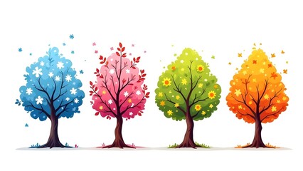 Vector illustration of four stylized seasonal trees in a row, representing winter, spring, summer, and autumn white background