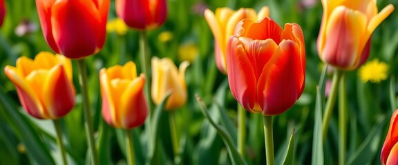 Obraz premium Close-up of vibrant tulips against a lush green background Spring blossoms, flowers, flora