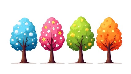 Vector illustration of four stylized seasonal trees in a row, representing winter, spring, summer, and autumn white background