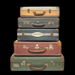 Stack of vintage suitcases arranged neatly, showcasing variety of colors and textures, evoking sense of nostalgia and travel memories