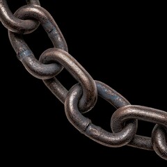Fototapeta premium Close up view of steel chain link, showcasing its robust and interconnected design, symbolizing strength and durability. metallic texture and dark background enhance its industrial appeal