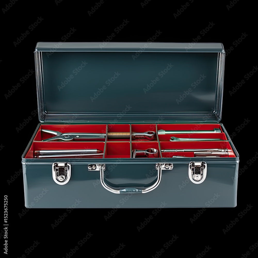 Poster stylish toolbox with compartments open, showcasing various tools organized neatly inside. vibrant re