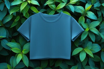 A cropped teal t-shirt mockup against a backdrop of lush green leaves, creating a fresh and vibrant look.