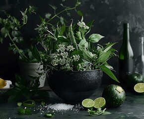 the image shows a dark, moody scene with a collection of culinary herbs and ingredients