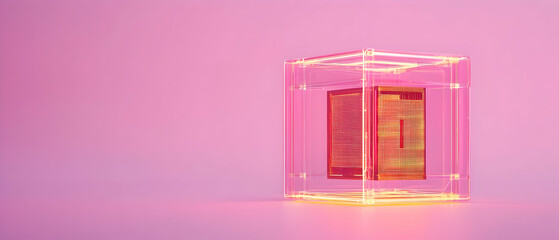 Glowing Transparent Cube With Red Circuit Pattern On Pink Background