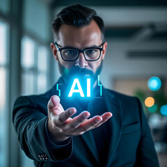 Digital Illustration of Businessman Hand Holding Glowing AI Symbol