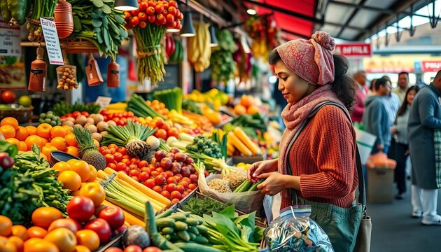 A diverse couple selects fresh produce at a vibrant market stall,  produce stall,  choosing