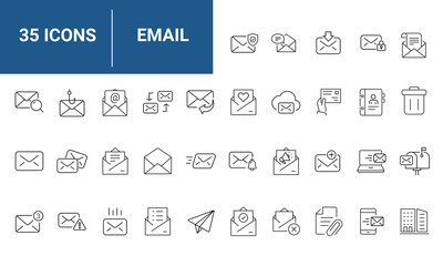 Email Web Icon Set in Line Style. Collection of E-mail and Letter Linear Icons, Including mail, envelope, email, postal, letter sent, inbox, new mail, reply and forward mail and more. Editable Stroke