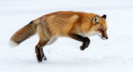 Obraz premium A spectacular action photograph captures a magnificent red fox in mid-air as it executes a powerful pounce into the deep, pristine snow.