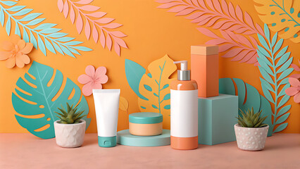Skincare Products Display with Tropical Paper-Cut Background
