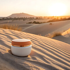 Skincare Jar on Desert Dune at Sunset