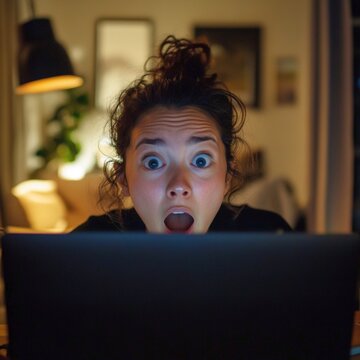 Mujer reacciona con asombro mientras mira la pantalla de su port&aacute;til