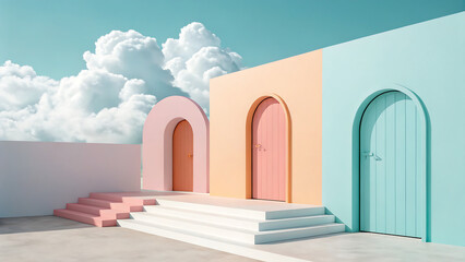 Minimal Pastel Arched Doors with Cloudy Sky – Dreamy Aesthetic Architecture