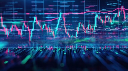 Futuristic Glowing Candlestick Charts on Dark Background Display