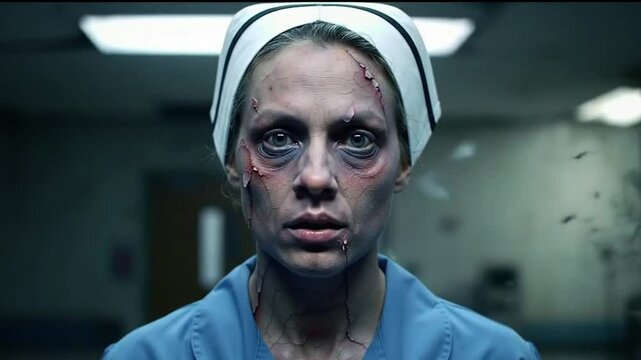 cinematic video of a scary ghost nurse in an old abandoned hospital