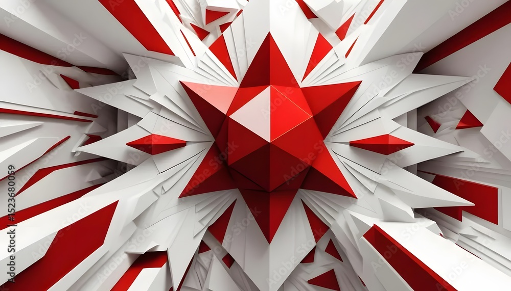 Poster abstract red starburst design with white geometric shapes creating a dynamic and modern pattern