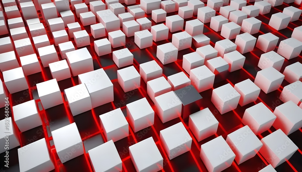 Poster an abstract arrangement of white cubes with a single dark cube on a red grid background pattern