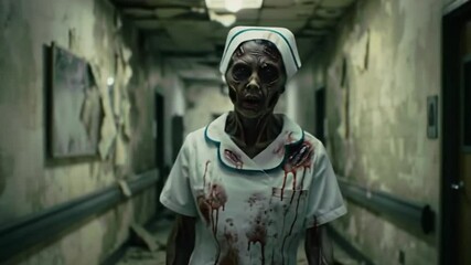 cinematic video of a scary ghost nurse in an old abandoned hospital - Powered by Adobe