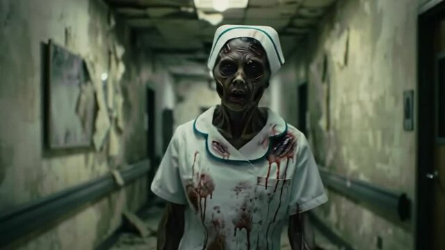 cinematic video of a scary ghost nurse in an old abandoned hospital