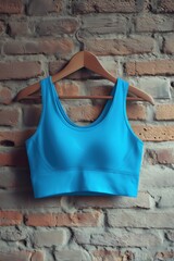 A vibrant blue sports bra mockup hanging on a wooden hanger against a rustic brick wall background.