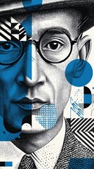 A stylized portrait of a man with glasses and a hat, featuring geometric patterns and blue accents. The artwork combines realism with abstract elements, creating a modern aesthetic.