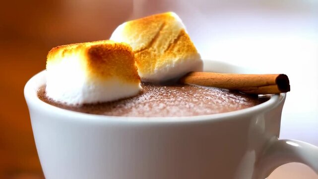 A cup of hot chocolate topped with marshmallows and a cinnamon stick.